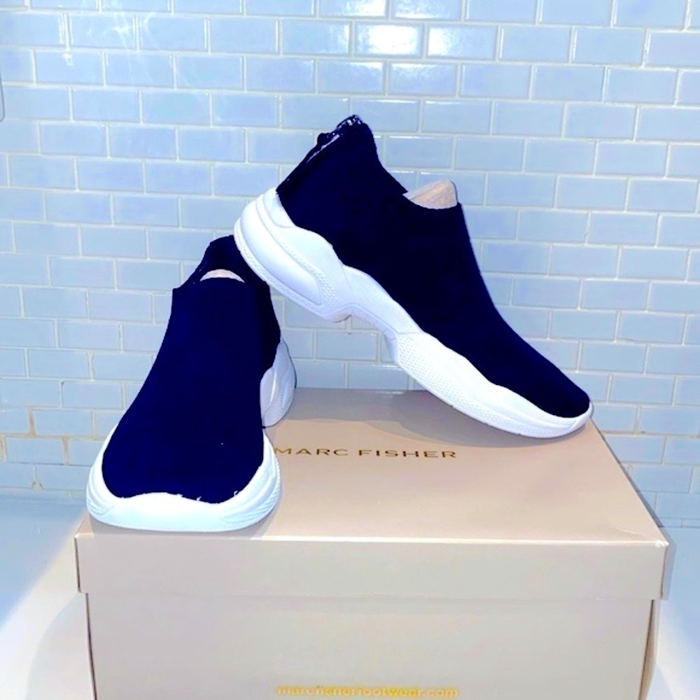 Marc Fisher Linnah dark blue fabric sneakers.Back zipper. Size 8. NWT/Box.